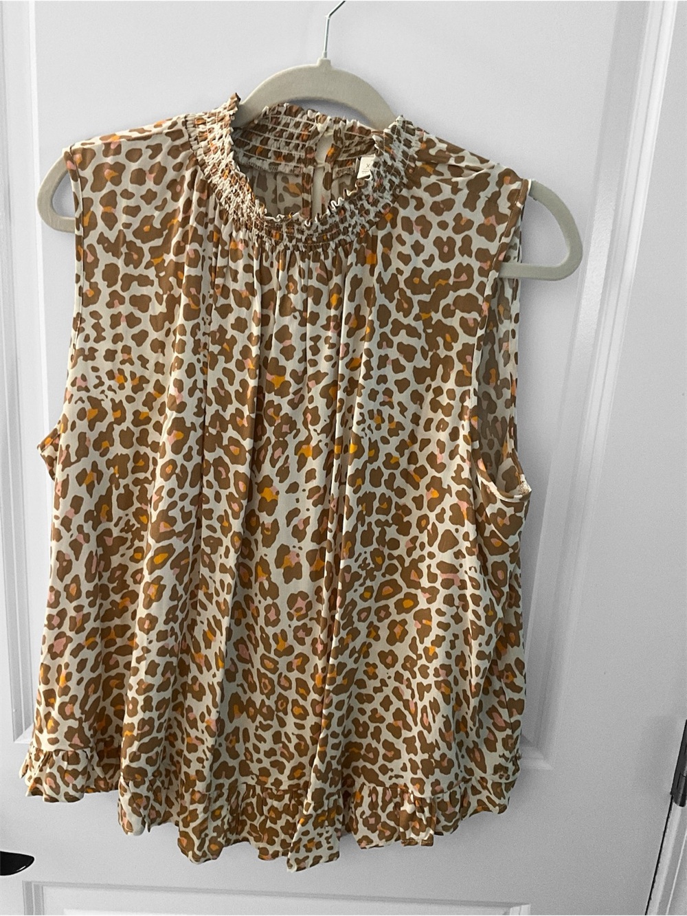 Cato Leopard Print Sleeveless Smocked Neck Top - Cream & Brown